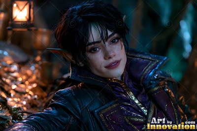 A sharp-eared goblin woman in a purple coat leans back beside a pile of coins by lantern light