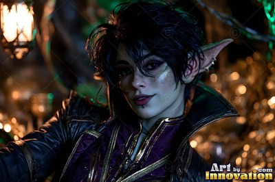 A goblin woman smirks in a high-collared purple jacket under warm lantern light