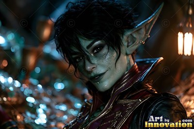Turned slightly in a dark treasure cave, a smiling goblin woman is wearing a high collar