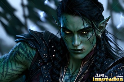 A green-skinned orc woman with dark braided hair stares forward in dark armor