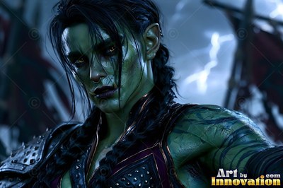 Under a stormy sky, a green-skinned orc woman in dark leather armor looks forward