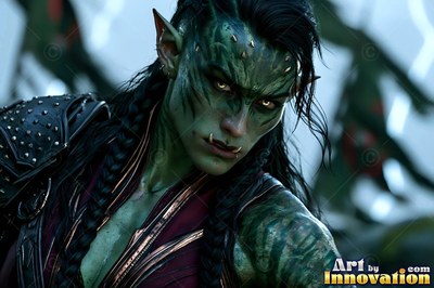 Glancing forward, an orc woman wears dark studded leather armor with braided hair