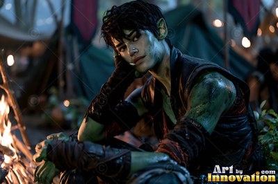 Pointed green ears frame a dark-haired goblin woman resting beside a campfire in a tent village
