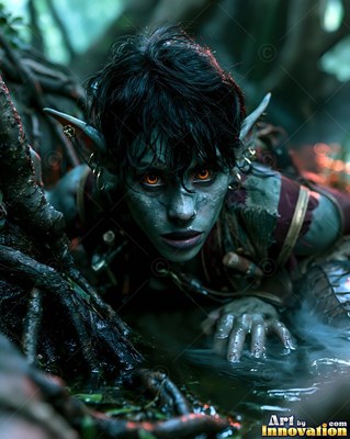 A goblin woman crawls through murky swamp water with amber eyes shining in the dim light