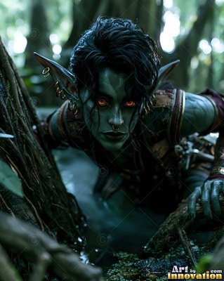 Crouched low in a murky swamp, a woman crawls forward