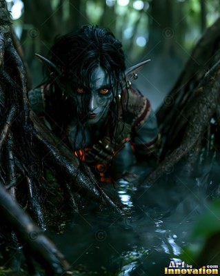 A sharp-eared goblin woman crawls through dark swamp water past tangled roots
