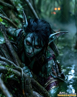 In a dark swamp, a woman crawls through tangled tree roots