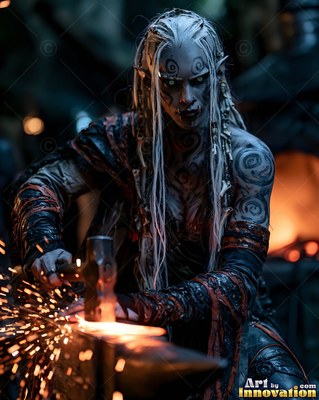 Hammering hot metal at an anvil, a tattooed orc woman works by orange furnace light