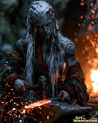 Tattooed orc woman hammers hot metal at an anvil