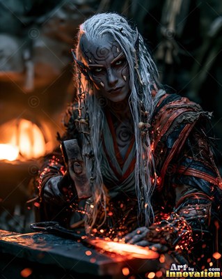 With long white hair in a dark forge, a goblin woman hammers hot metal at an anvil