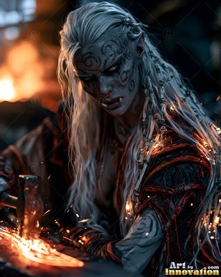 A white-haired orc woman hammers iron at a dark forge beside warm orange sparks