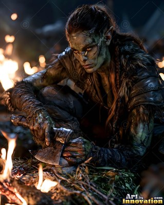 Crouching by a campfire at night, an orc woman sharpens a small axe
