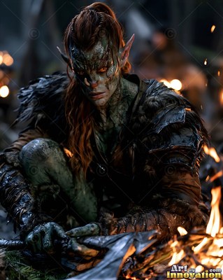 A green-skinned goblin woman kneels near a fire with dark armor and red hair