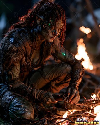 By a warm camp fire, an orc woman crouches in dark leather and fur armor