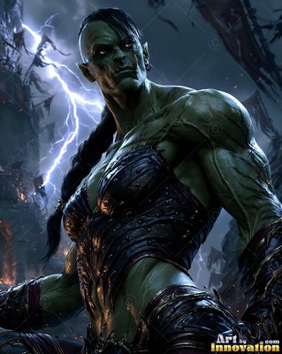 Standing in stormy lightning, a muscular woman wears dark leather armor