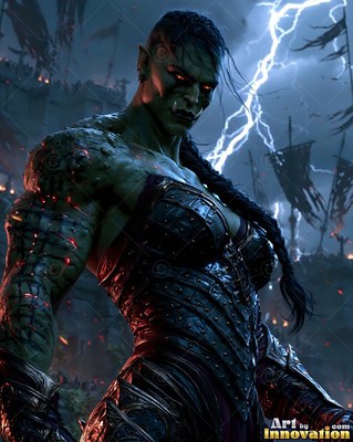 Green orc warrior woman in dark armor stands under lightning
