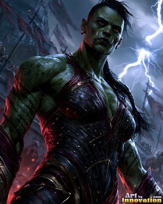 A green-skinned orc woman wearing studded armor stands under a stormy sky with lightning