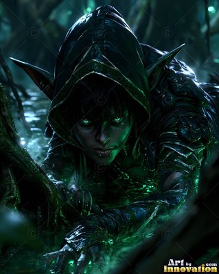 A goblin woman crawls through dark water, her face lit by pale green reflections