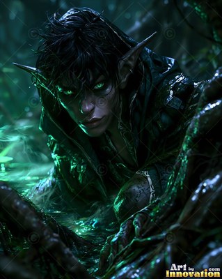 Crouching low in a dark swamp, a goblin woman peers out through green mist