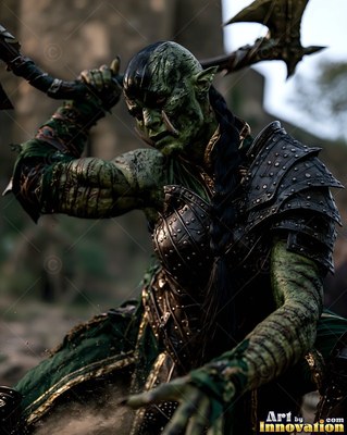 A green-skinned orc woman crouches in dark armor with an axe raised