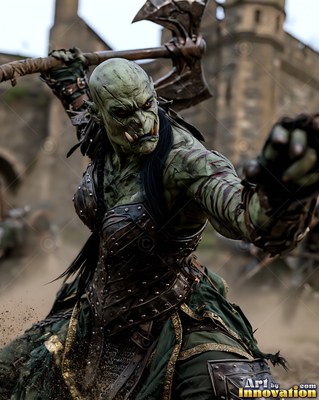 Before a stone fortress, an orc woman raises a battle ax in fight