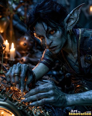 Working on brass gears, a sharp-eared goblin woman leans over her table by candlelight