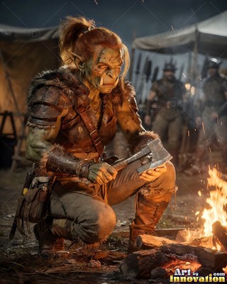 Orc woman crouching by a campfire holding an axe