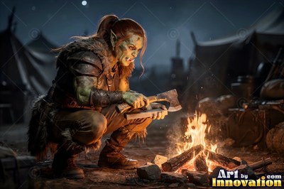 Red hair tied back in a ponytail, an orc woman sharpens an axe beside a campfire at night