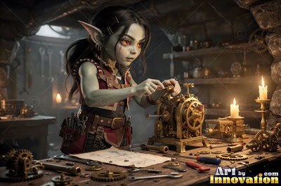 A goblin woman tinkers with brass clockwork gears under warm candlelight