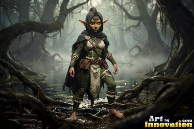 Standing in a foggy swamp, a hooded goblin woman clad in green leather armor