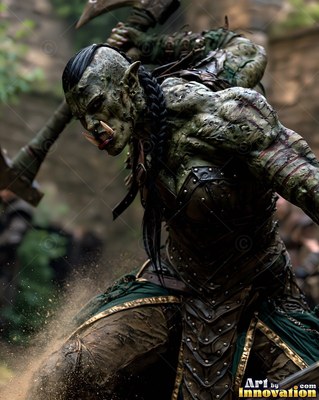 A muscular woman swings an axe in battle outdoors