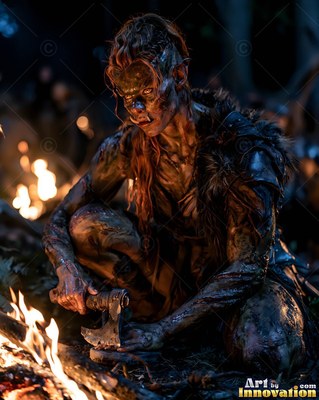 By a night campfire, an orc woman crouches in the dirt holding a small axe
