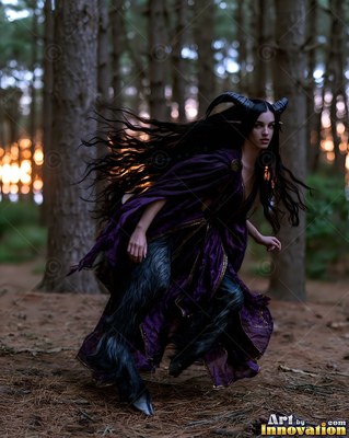 Running through a pine forest, a satyr woman wears a dark purple cloak