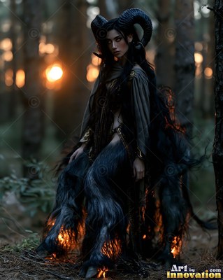 A satyr woman with horns sits in a dark forest at sunset