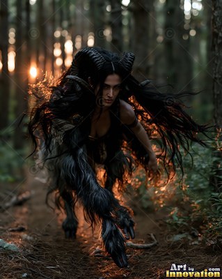 Curled black ram horns crown a woman crawling through a pine forest at sunset