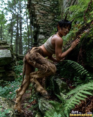 A horned woman climbs mossy stone ruins under cool forest light
