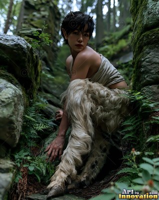 Crouching between mossy boulders, a satyr woman with furry legs looks ahead