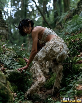 A horned woman with furry legs of a goat crawls over mossy green rocks in the woods
