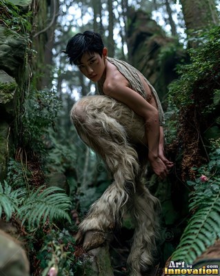 In a misty green forest, a satyr woman with furry goat legs perches on mossy rocks