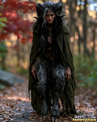 Walking along an autumn path, a satyr woman with horns wears a dark green cloak