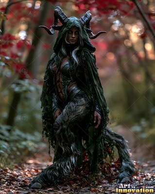 A woman with horns in a green cloak standing in an autumn forest