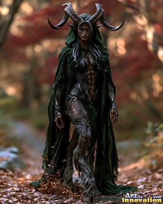 Curled ram horns frame a hooded satyr woman walking through an autumn forest