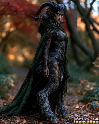 A satyr woman stands in an autumn forest in soft golden light