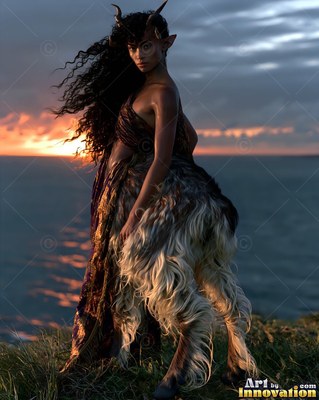 Standing on a grassy cliff at sunset, a satyr woman with horns looks back over her shoulder