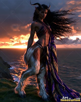 A horned satyr woman in a purple sash stands on a cliff at sunset