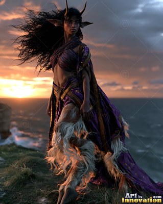 On a windy ocean cliff at sunset, a horned satyr woman stands in purple cloth
