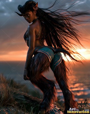 Looking back at sunset, a satyr woman stands on a grassy cliff by the sea