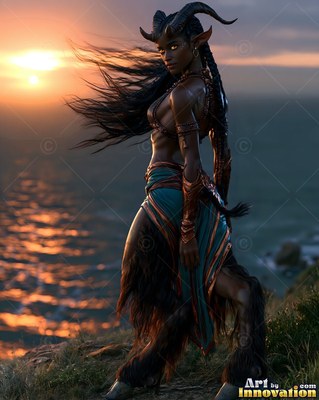 A woman with horns standing on a cliff at sunset by the sea