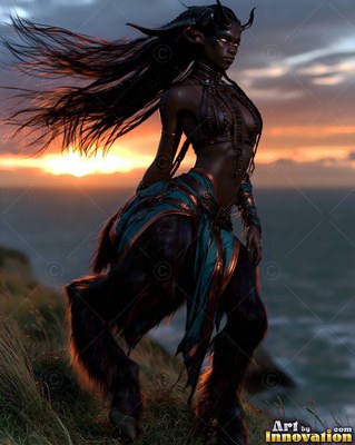 Long black hair blows back from a horned woman standing on a grassy sea cliff at sunset