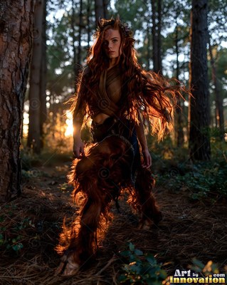 A satyr woman steps through a pine forest, with warm sunset light shining through her hair
